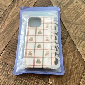 Casely Plaid Teddy Bear IPhone 14 Case - White and Red